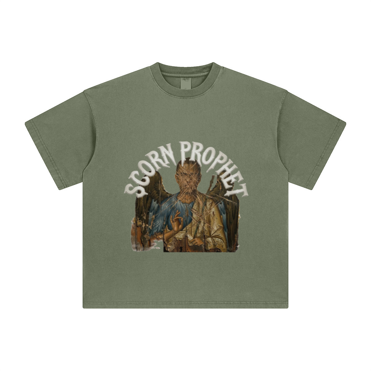 260GSM Unisex Heavyweight Re-Washed Distressed Crew Neck T-shirt Greyish Green