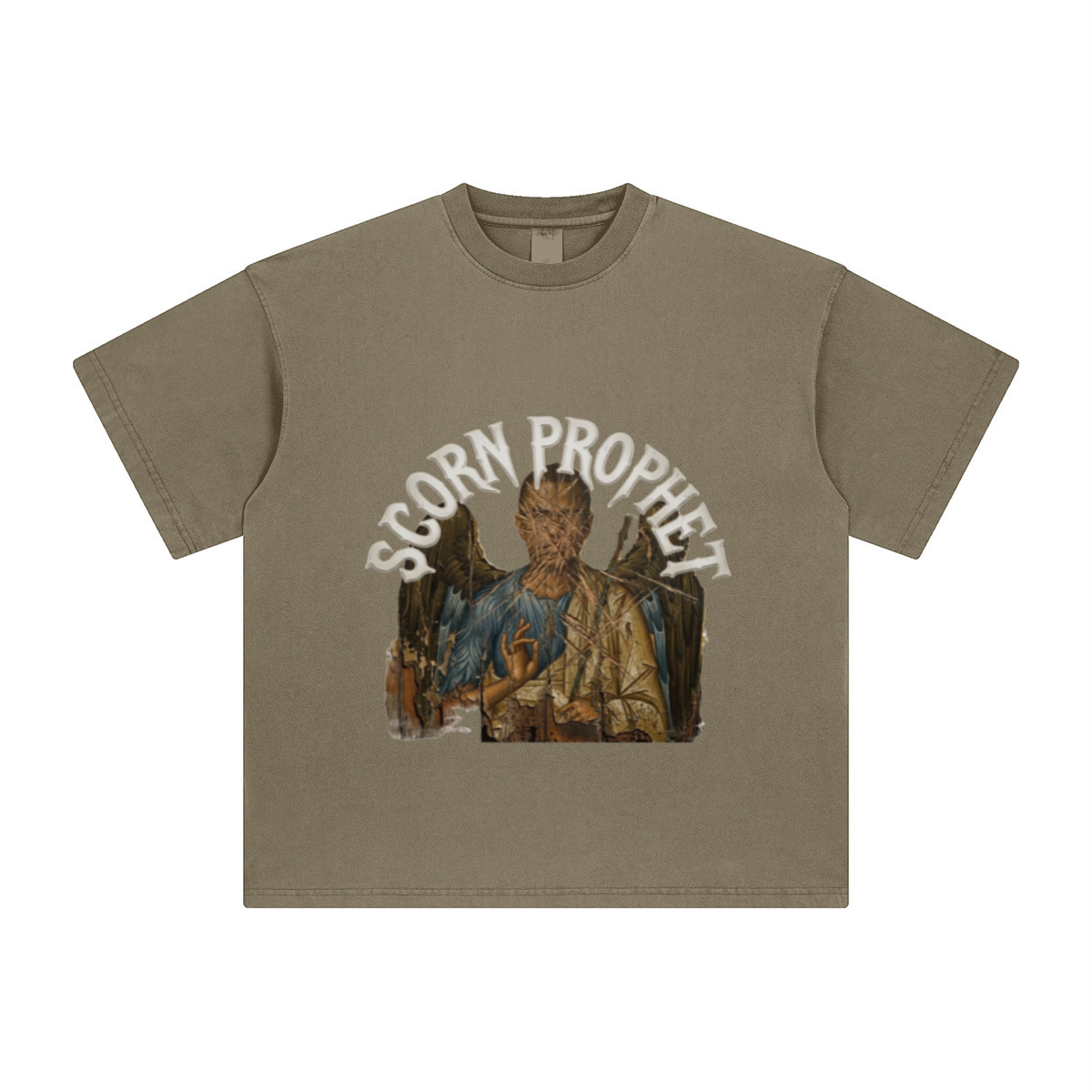 260GSM Unisex Heavyweight Re-Washed Distressed Crew Neck T-shirt Camel