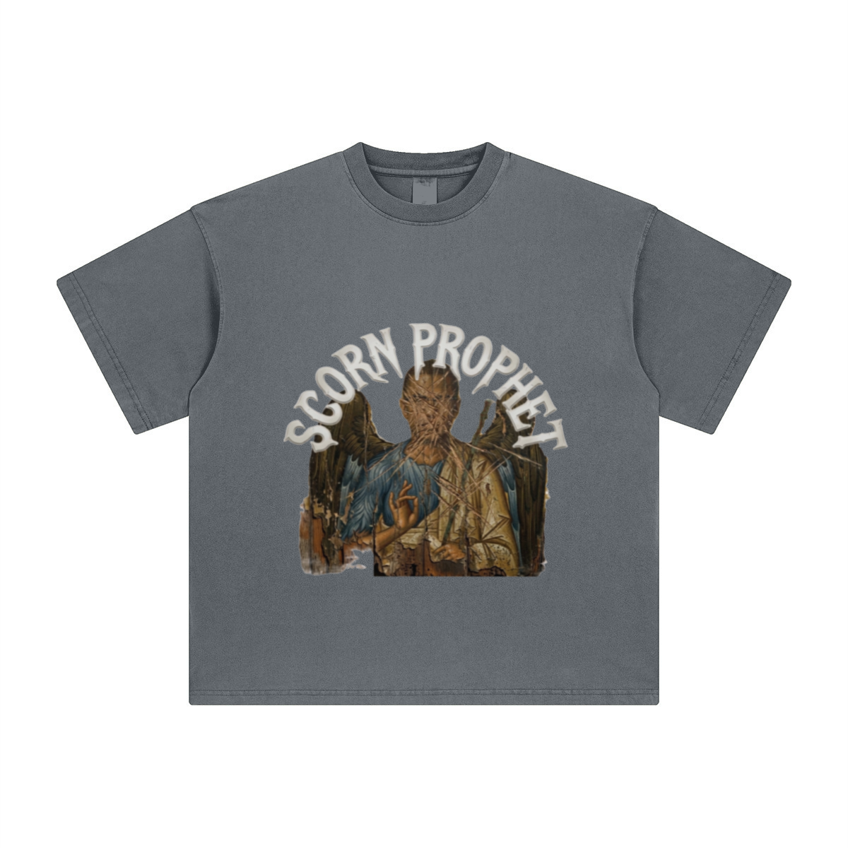 260GSM Unisex Heavyweight Re-Washed Distressed Crew Neck T-shirt Slate blue