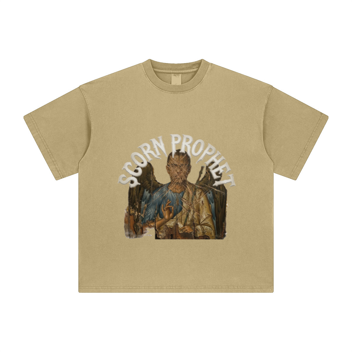 260GSM Unisex Heavyweight Re-Washed Distressed Crew Neck T-shirt Khaki