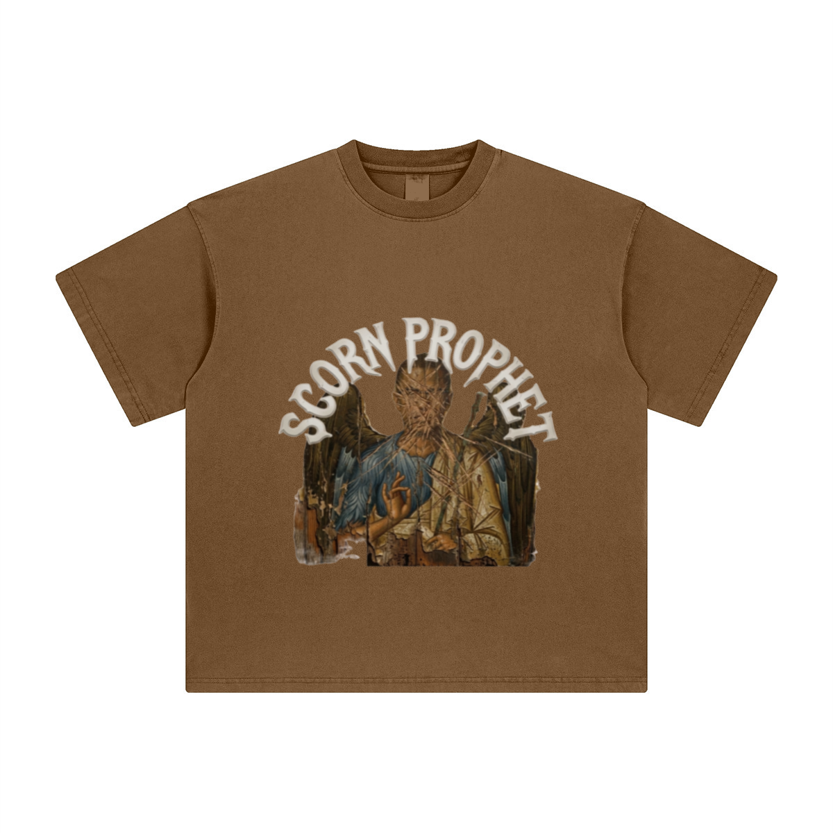 260GSM Unisex Heavyweight Re-Washed Distressed Crew Neck T-shirt Coffee Brown